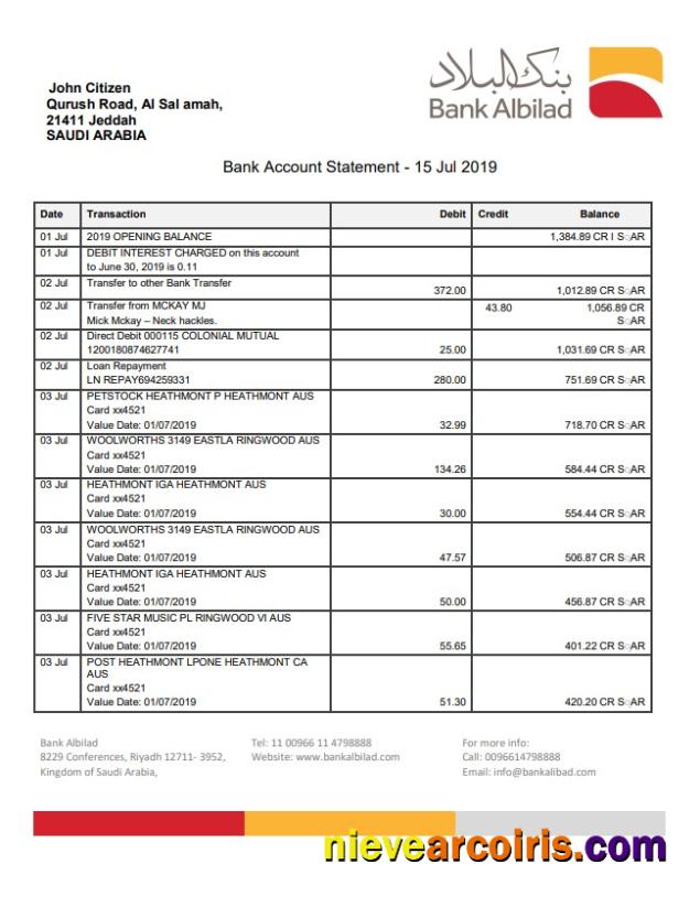 Saudi Arabia Bank Albilad bank statement in Word and PDF format
